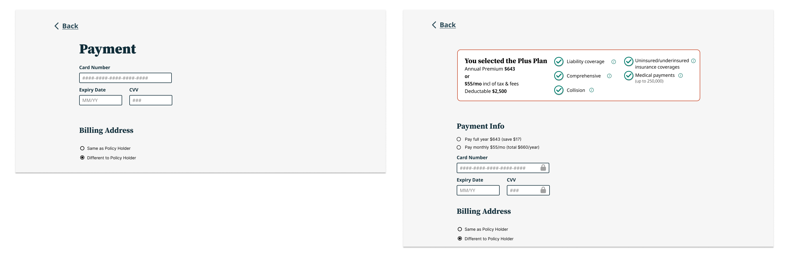 screenshots of part of the design of payment screen, before and after iteration, after includes an addtional box along with payment options (monthly vs annual) si