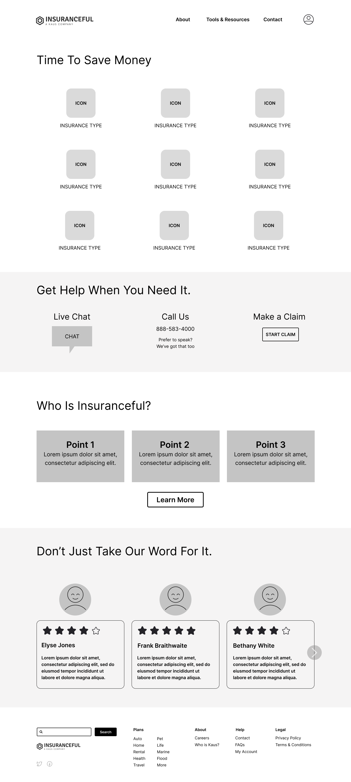 digital wireframe of homepage for insuranceful, desktop size