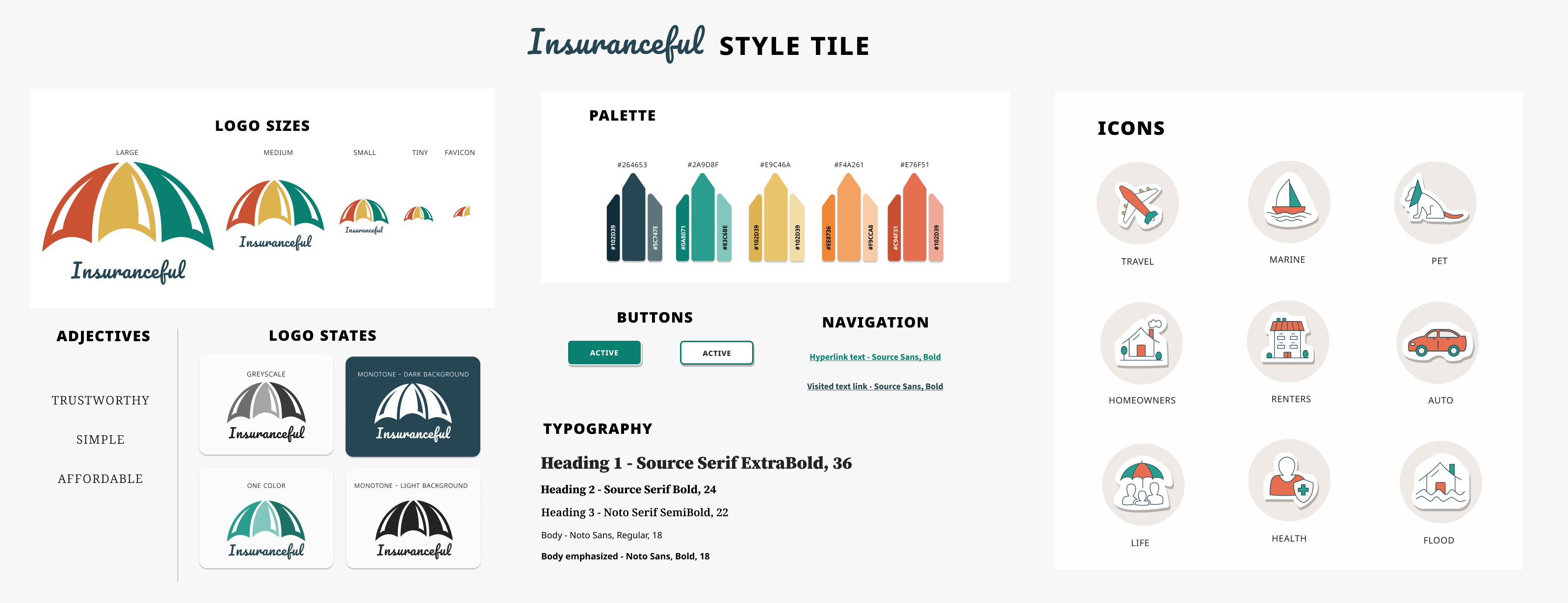 Style tile of fonts, assets, colors, logos etc as inspiration and design direction for insuranceful site