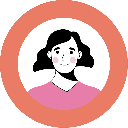 illustration of a person with jaw length wavy dark hair and a pink top, they are in a coral colored circle