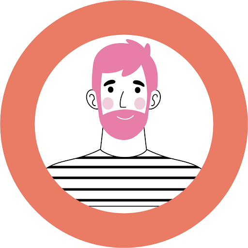 illustration of a person with short hair and a full beard, they are in a stripy black and white top in a coral circle