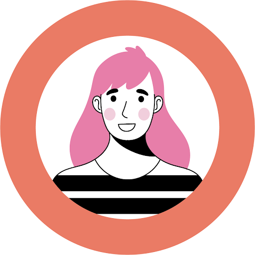 illustration of a person with long hair past shoulders, they are in a stripy black and white top in a coral circle