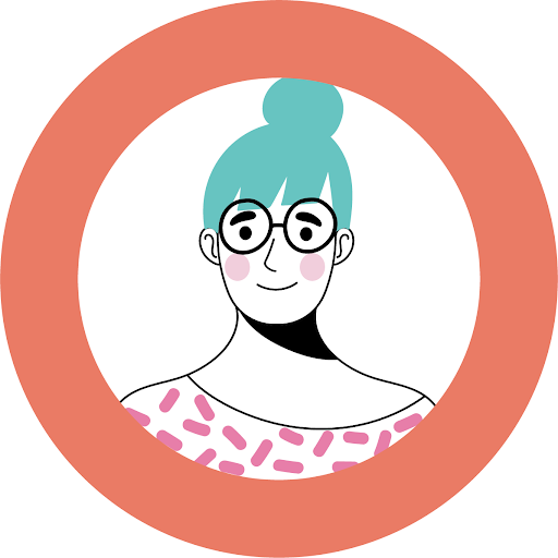 illustration of a person with hair in a high bun, they are wearing a white top with pink details and in a coral circle