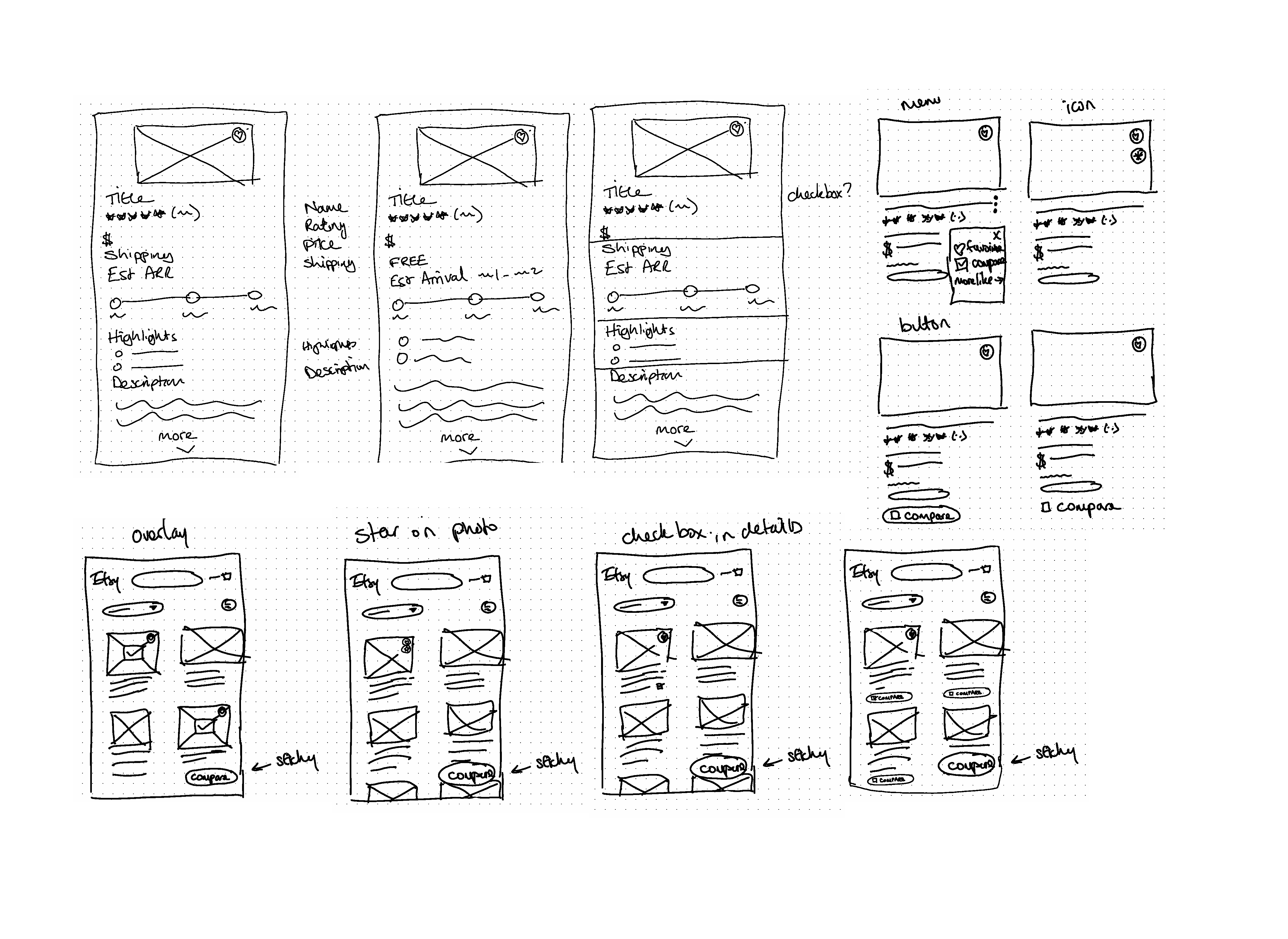 A collection of hand drawn sketches exploring how to add comparison tool to etsy