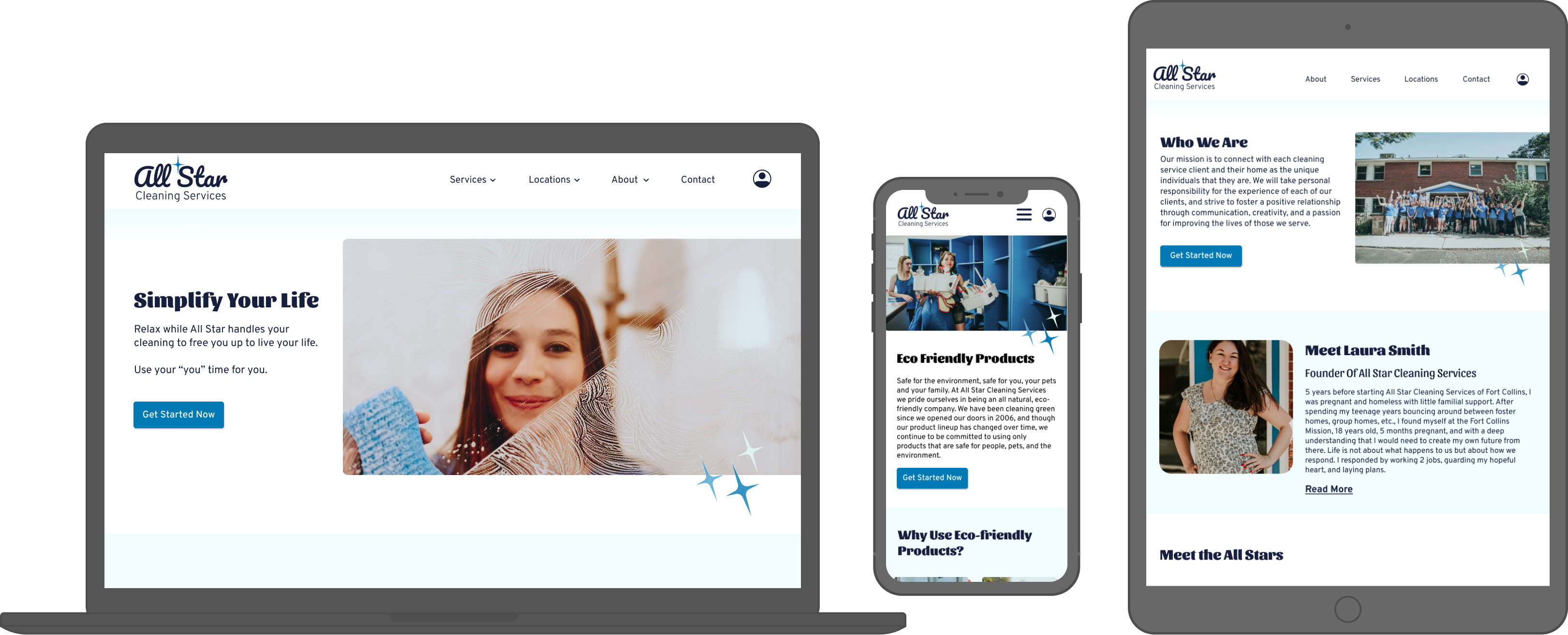 Flat mockups of laptop, tablet, and phone with various screens for All Star Cleaning Services
