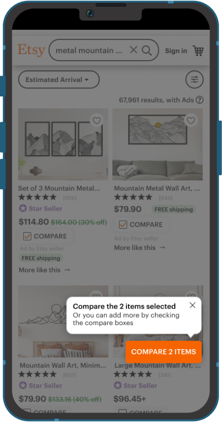 Mockup of Etsy results page with compare button with tooltip