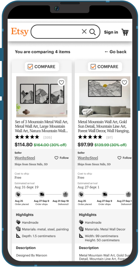 Mockup of the first iteration of the Etsy comparison tool