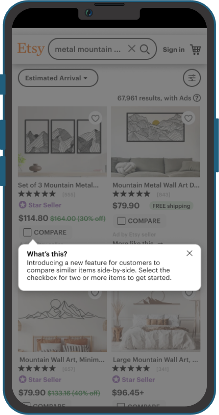 Mockup of Etsy Comparison tool select to compare with tooltip with overlay on background
