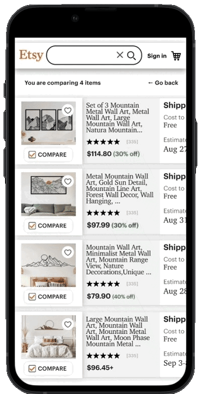 Gif showing sideways scroll of shopping comparison feature for etsy