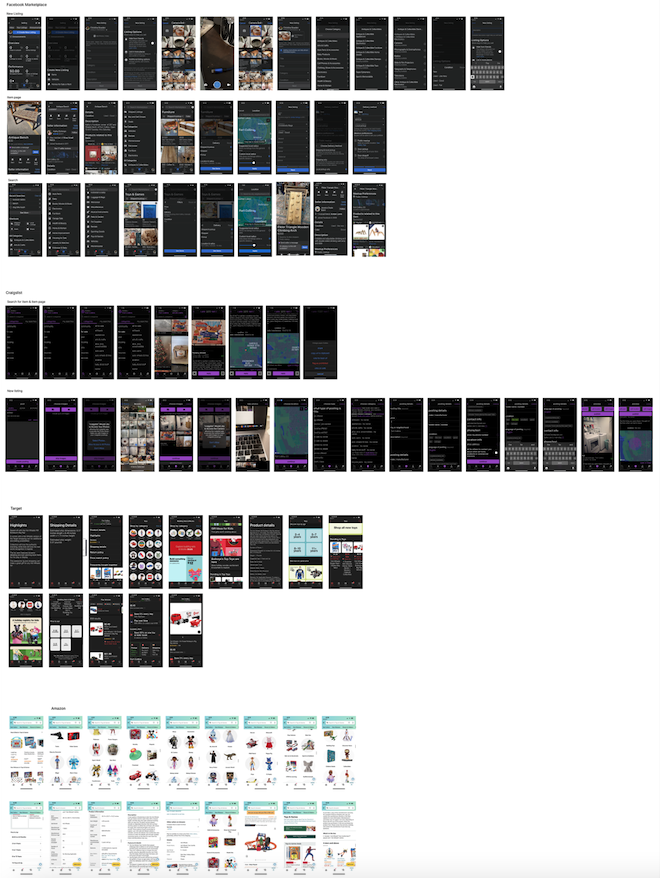 Many screenshots from amazon, target, craigslist, and marketplace apps
