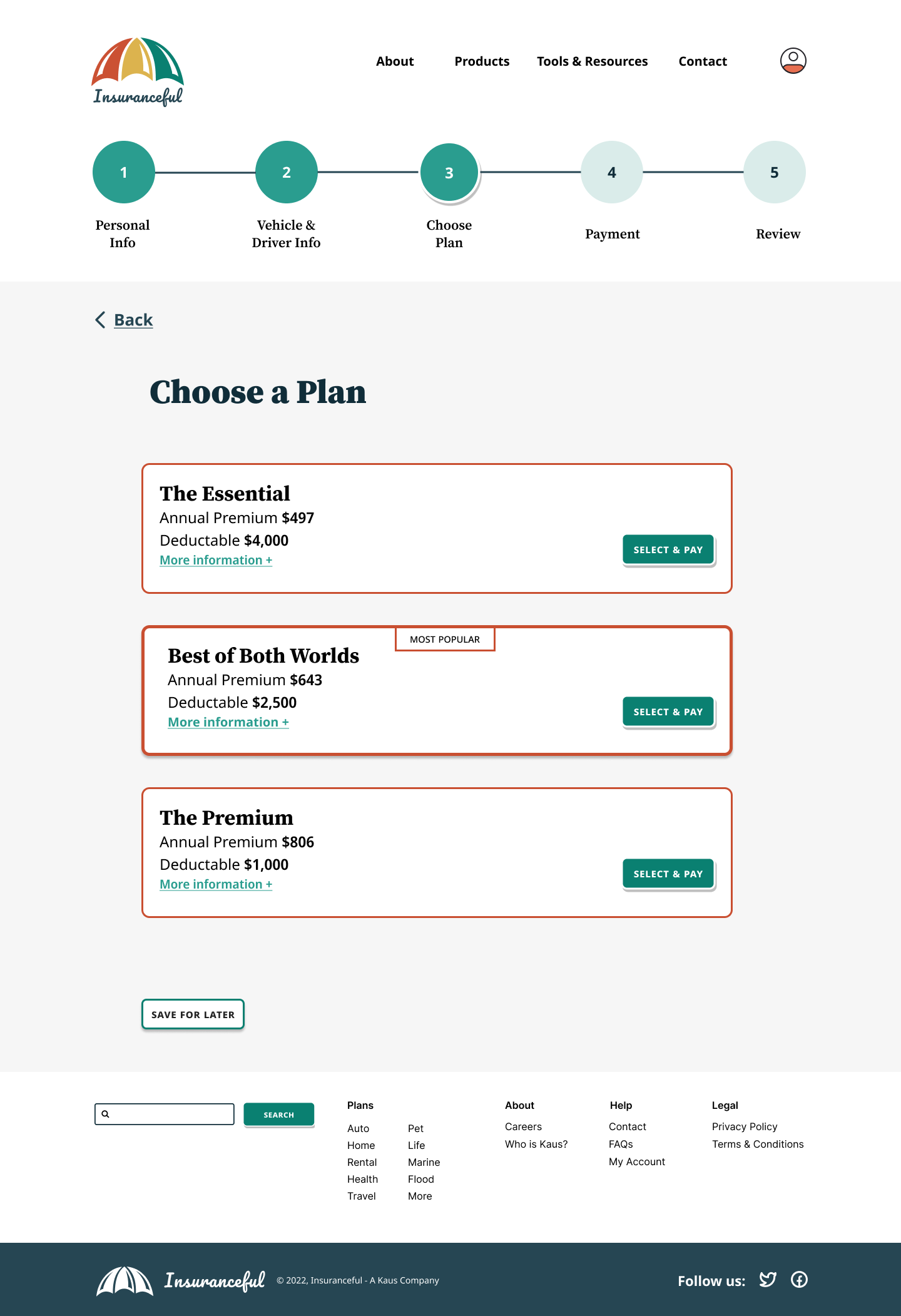 First version of the choose a plan page used in prototype testing