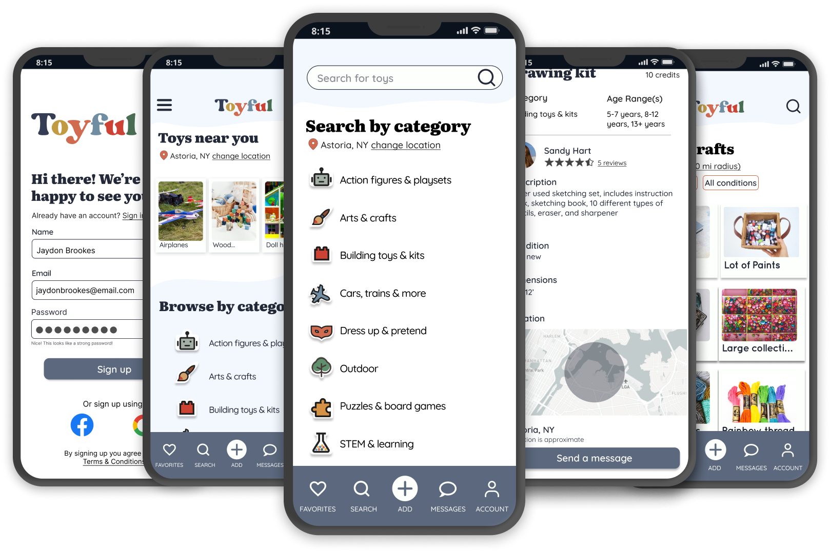 5 mockup screens for Toyful app