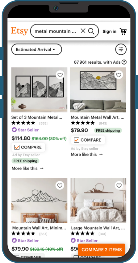 Mockup of Etsy results page with compare button