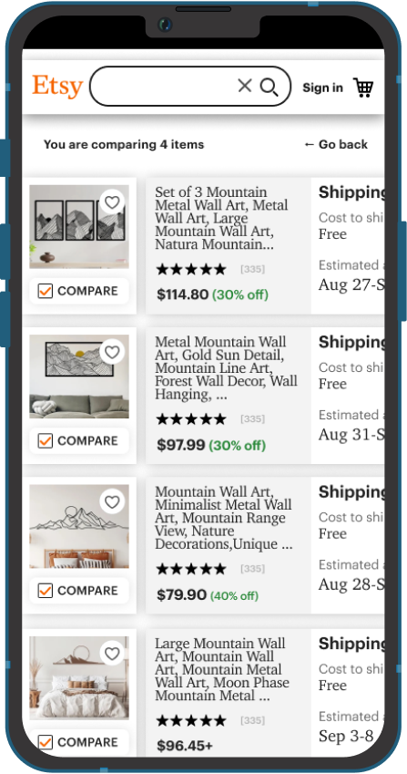 iphone 13 mockup of etsy comparison shopping tool