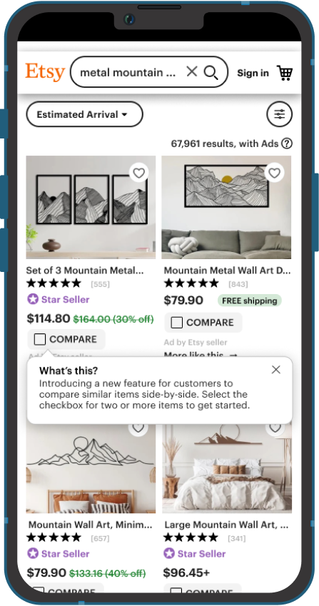 Mockup of Etsy Comparison tool select to compare with tooltip