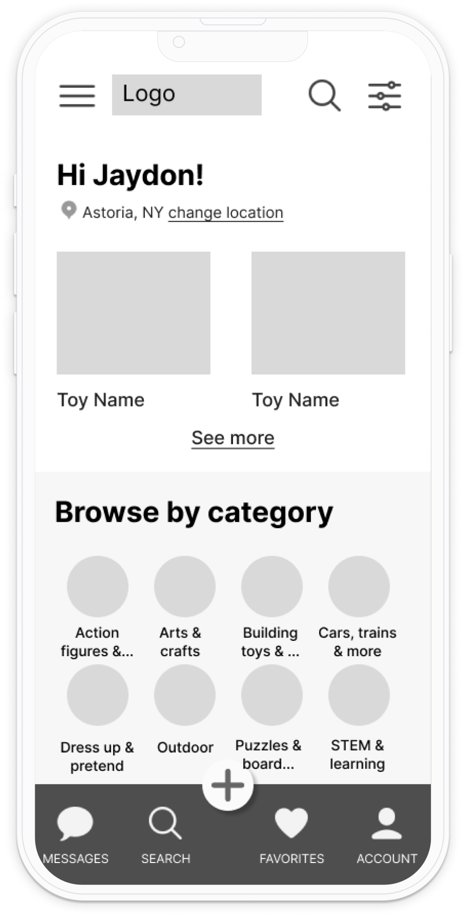 prototype of home screen for toyful