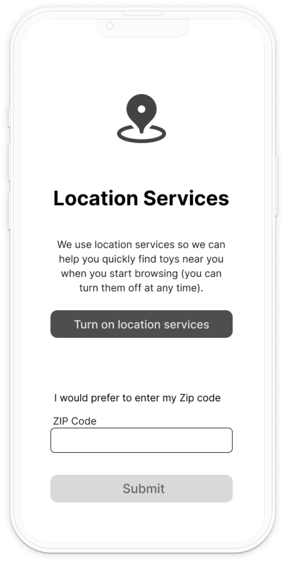 prototype of location services screen for toyful